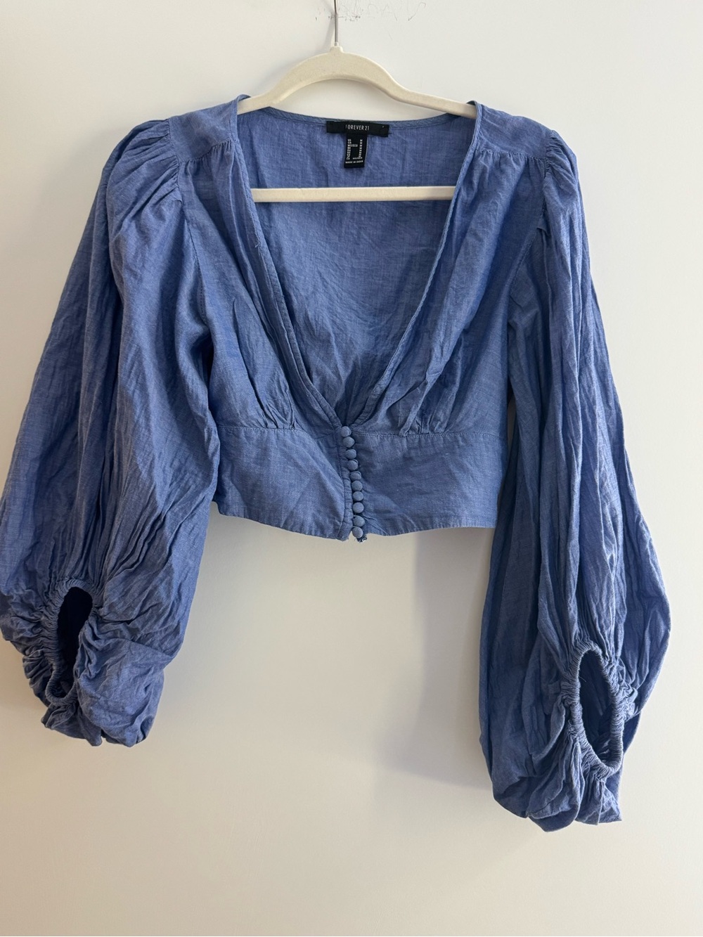 Forever 21 Blue Puff-Sleeve Cropped Blouse
